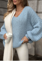 Ozdobnie pleciony Pulover oversize Frozen Cotton albastru azuriu