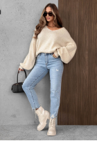Pantaloni din denim mom fit z paskiem Simple Charm albastru deschis