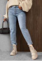 Pantaloni din denim mom fit z paskiem Simple Charm albastru deschis