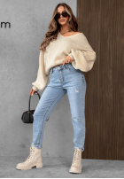 Pantaloni din denim mom fit z paskiem Simple Charm albastru deschis