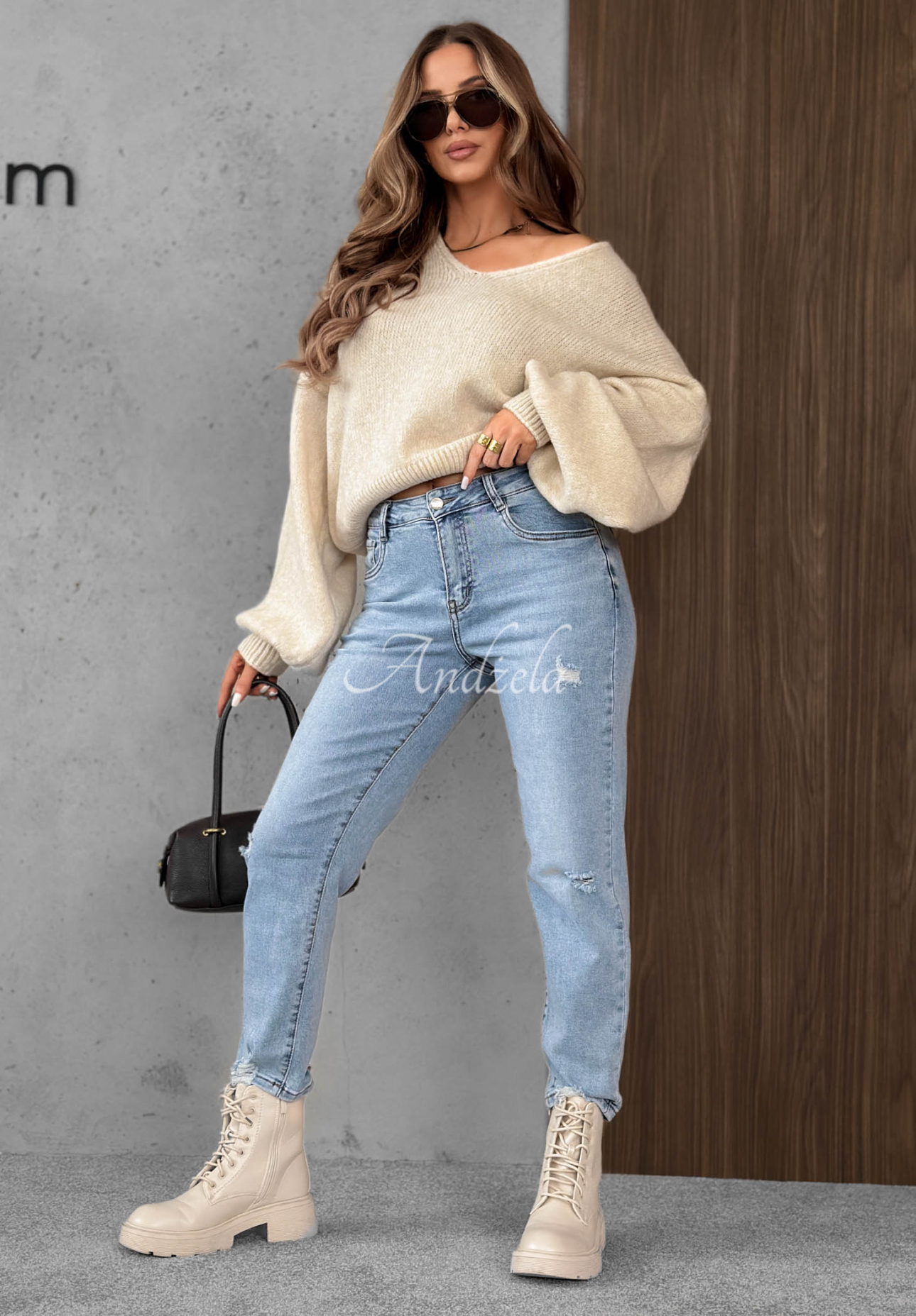 Blugi mom fit cu curea Simple Charm