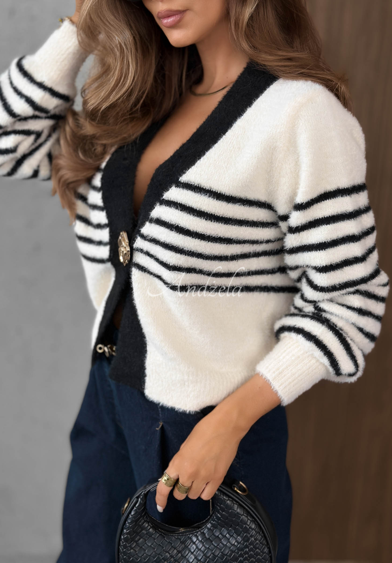 Cardigan scurt în dungi cu închidere Maple Mist