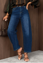 Pantaloni din denim z paskiem Something More ciemnoniebieskie