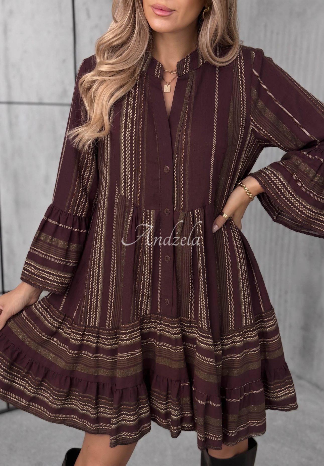 Rochie din bumbac în dungi cu volănașe Misty Avenue