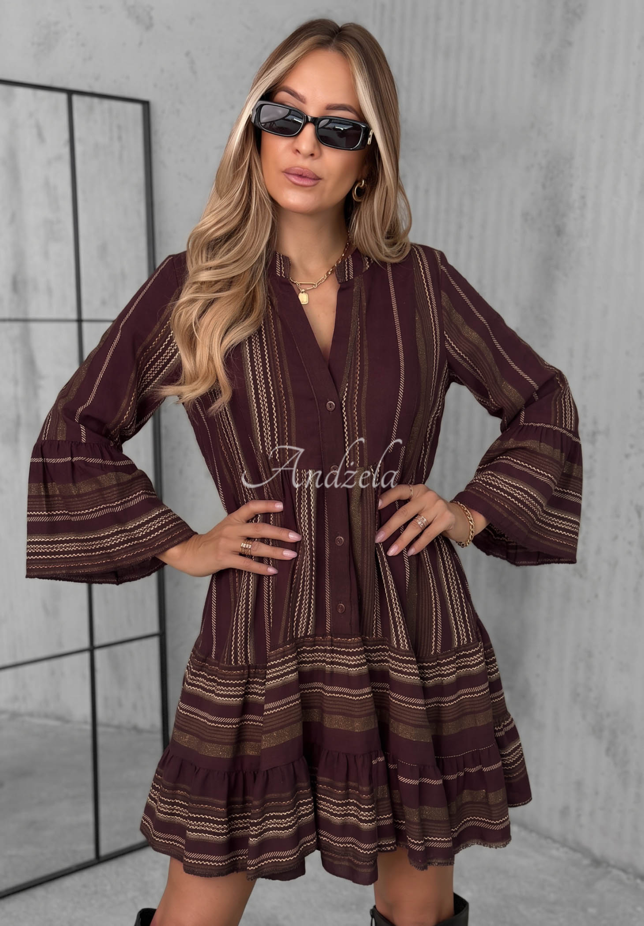 Rochie din bumbac în dungi cu volănașe Misty Avenue