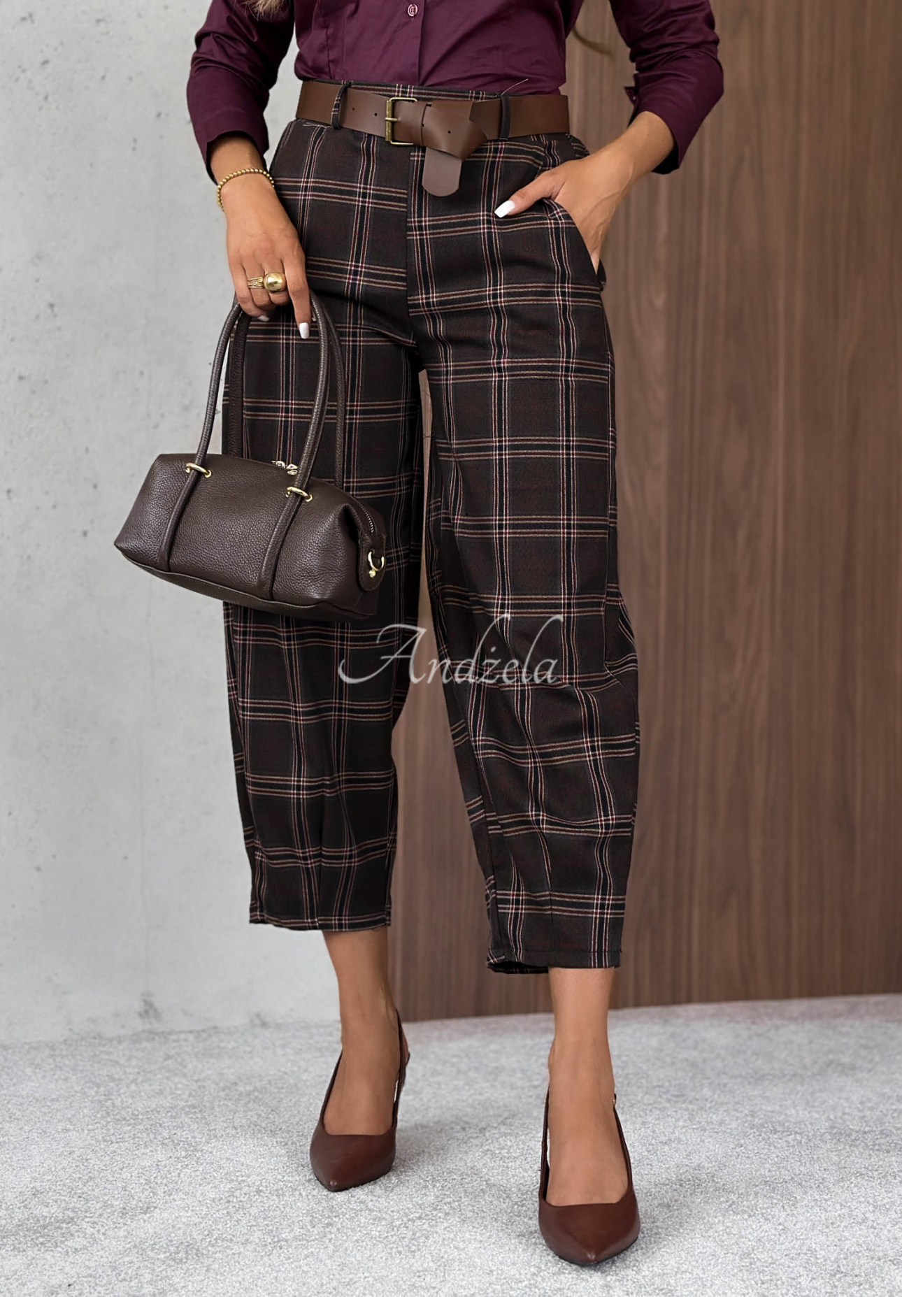 Pantaloni din material în carouri cu vâscoză Warm Desire