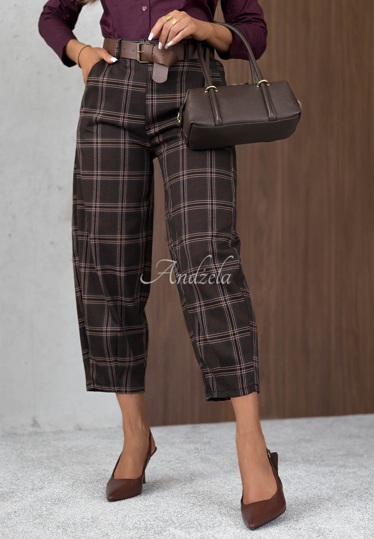 Pantaloni din material în carouri cu vâscoză Warm Desire