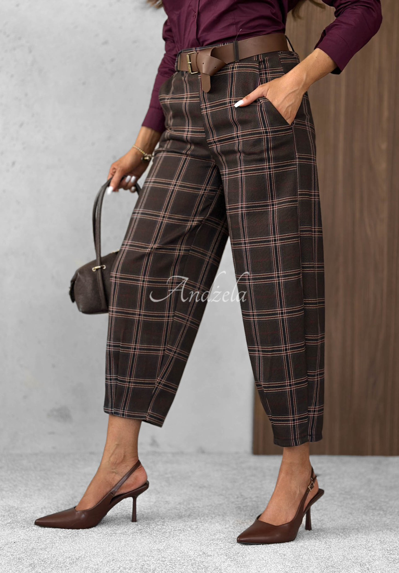 Pantaloni din material în carouri cu vâscoză Warm Desire