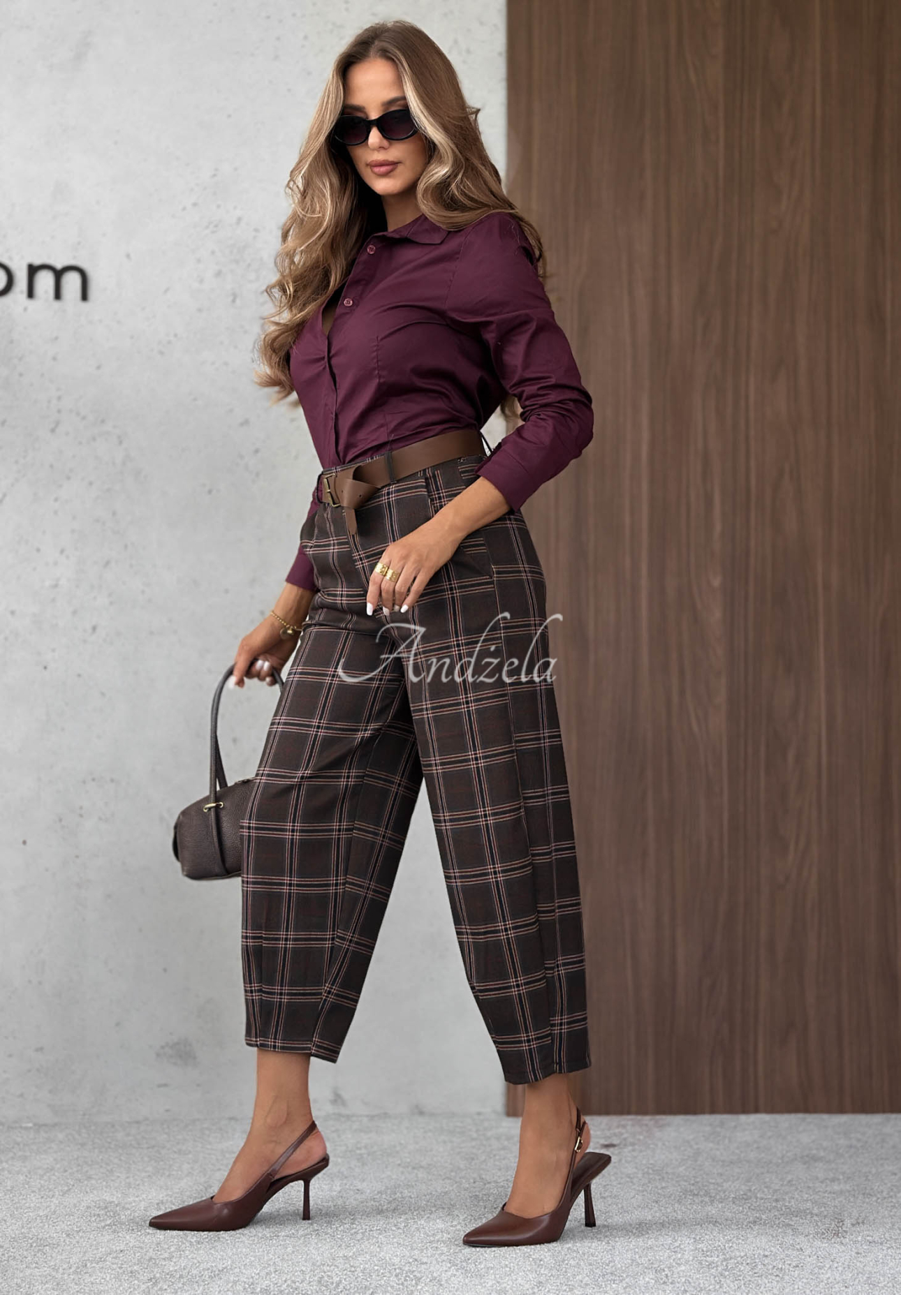 Pantaloni din material în carouri cu vâscoză Warm Desire