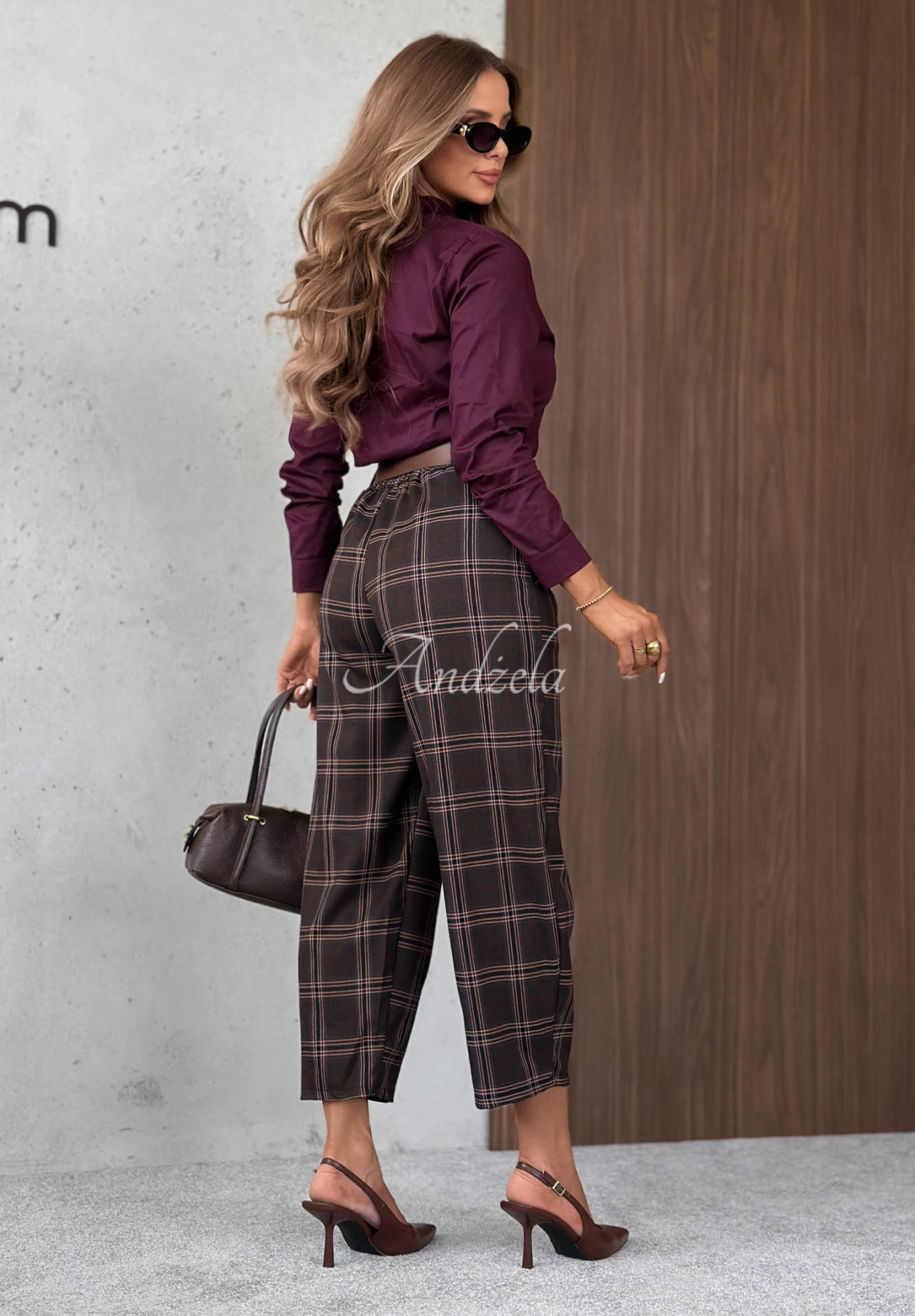 Pantaloni din material în carouri cu vâscoză Warm Desire