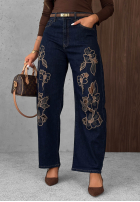 Pantaloni din denim wide leg z haftami Soft Mist bluemarin