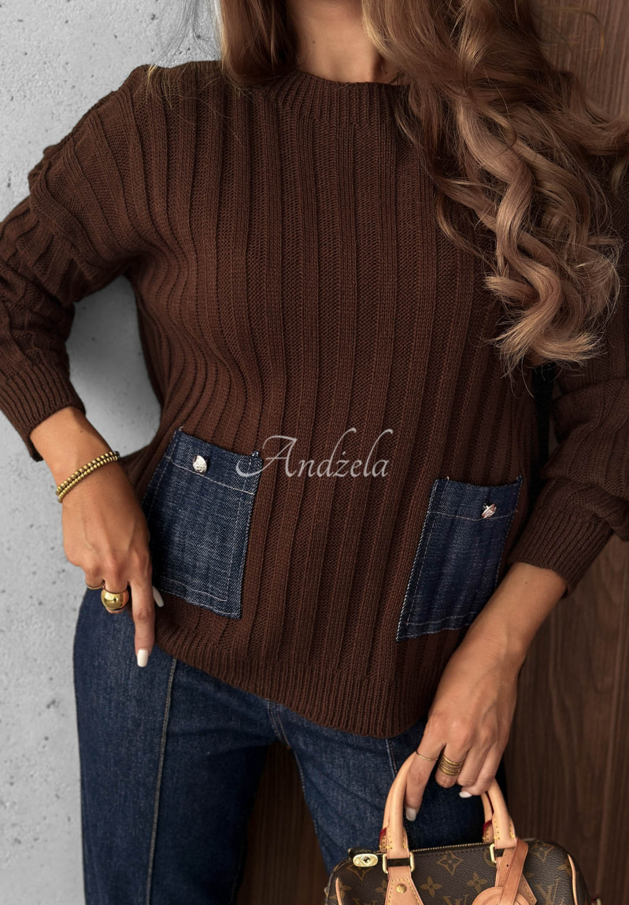 Pulover cu striații, buzunare din denim, cu lână și mohair Cozy Grace