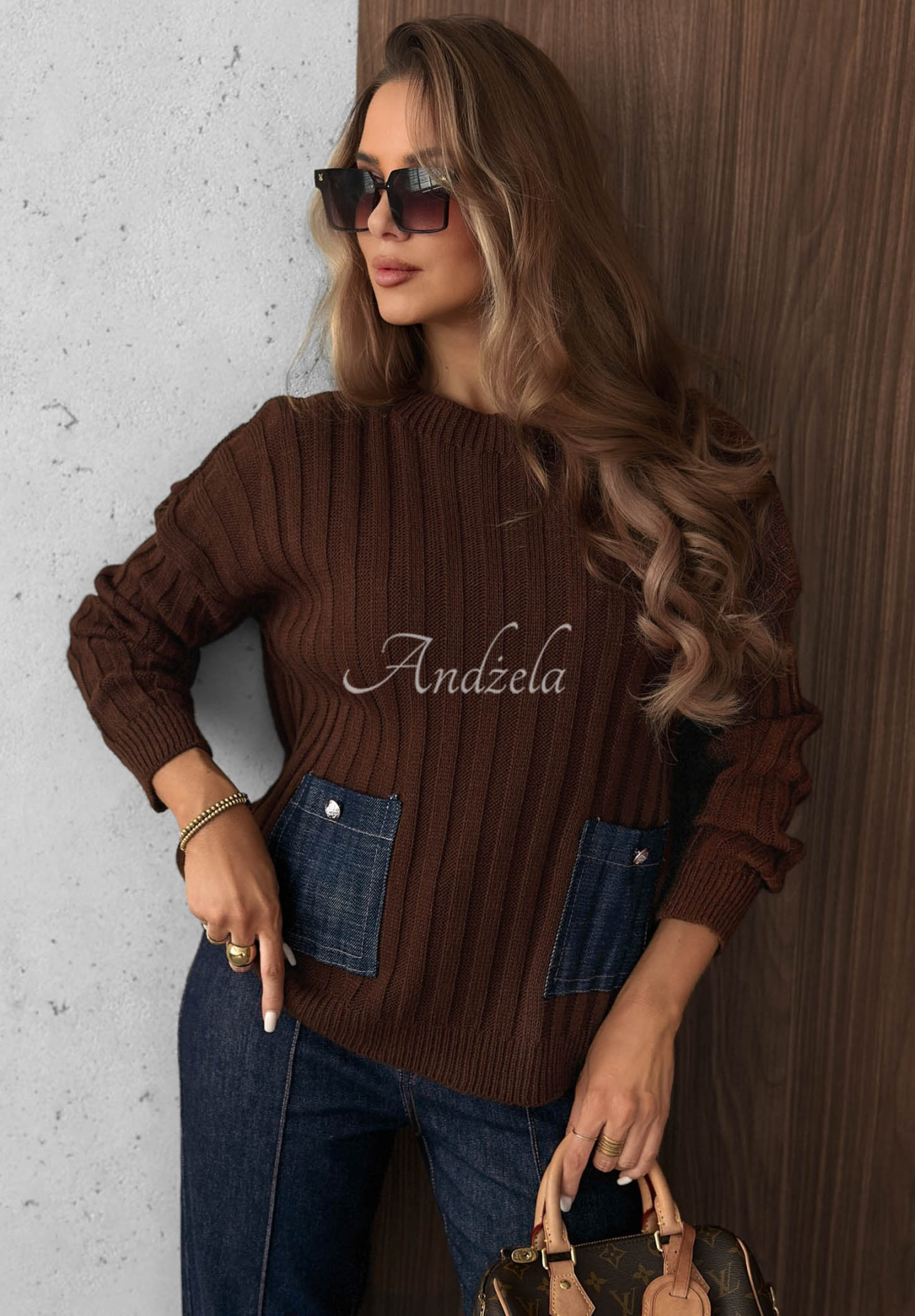 Pulover cu striații, buzunare din denim, cu lână și mohair Cozy Grace
