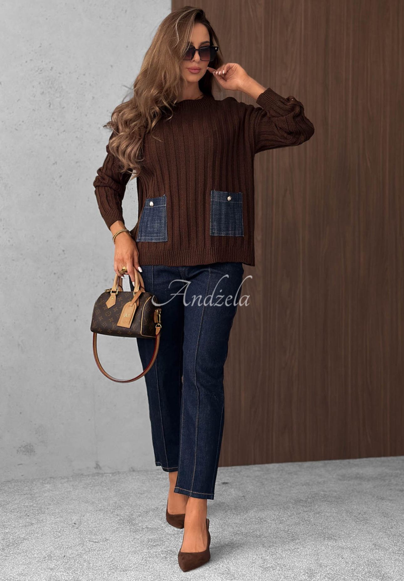 Pulover cu striații, buzunare din denim, cu lână și mohair Cozy Grace
