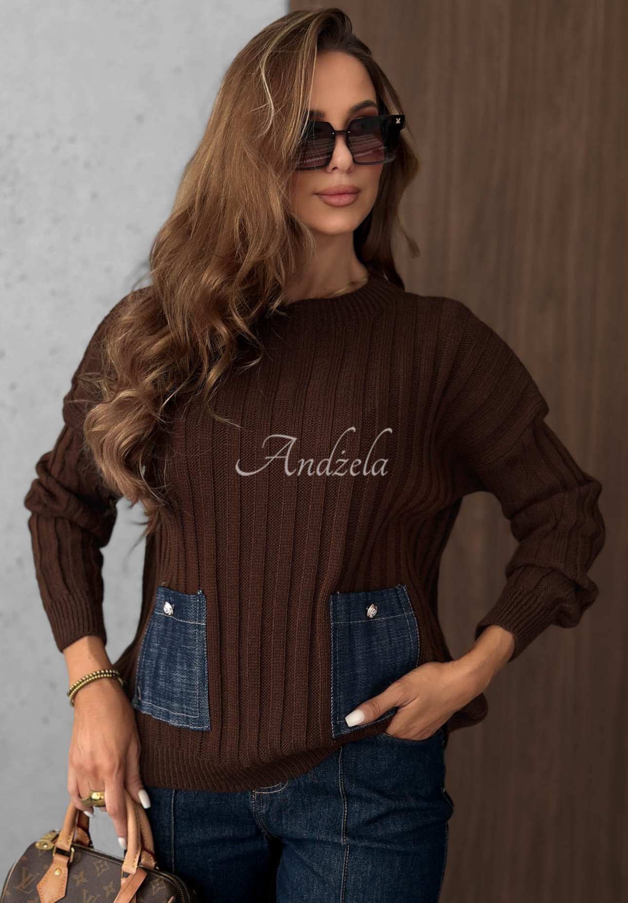 Pulover cu striații, buzunare din denim, cu lână și mohair Cozy Grace