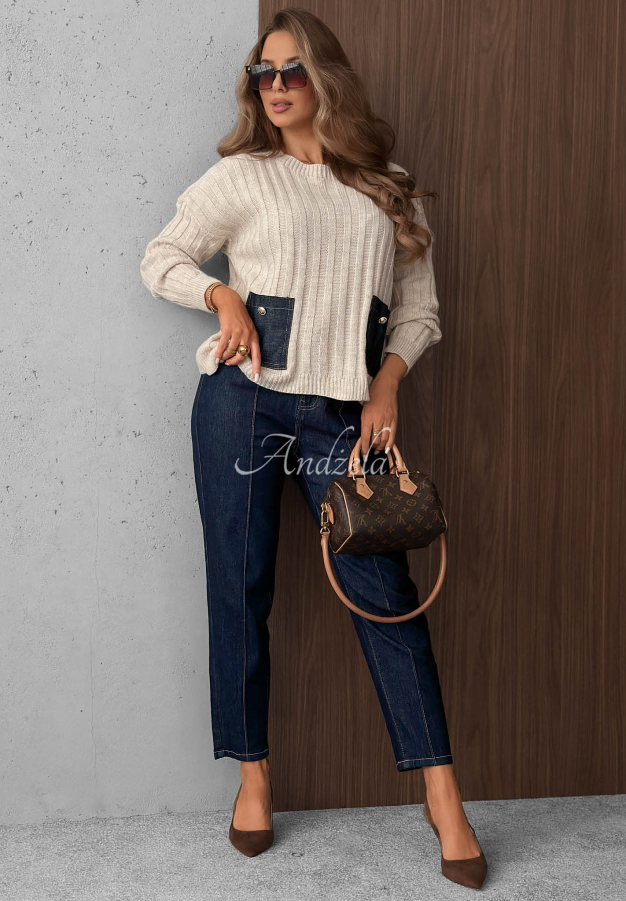 Pulover cu striații, buzunare din denim, cu lână și mohair Cozy Grace