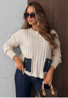 Prążkowany Pulover z jeansowymi kieszeniami Cozy Grace ciocolatiu