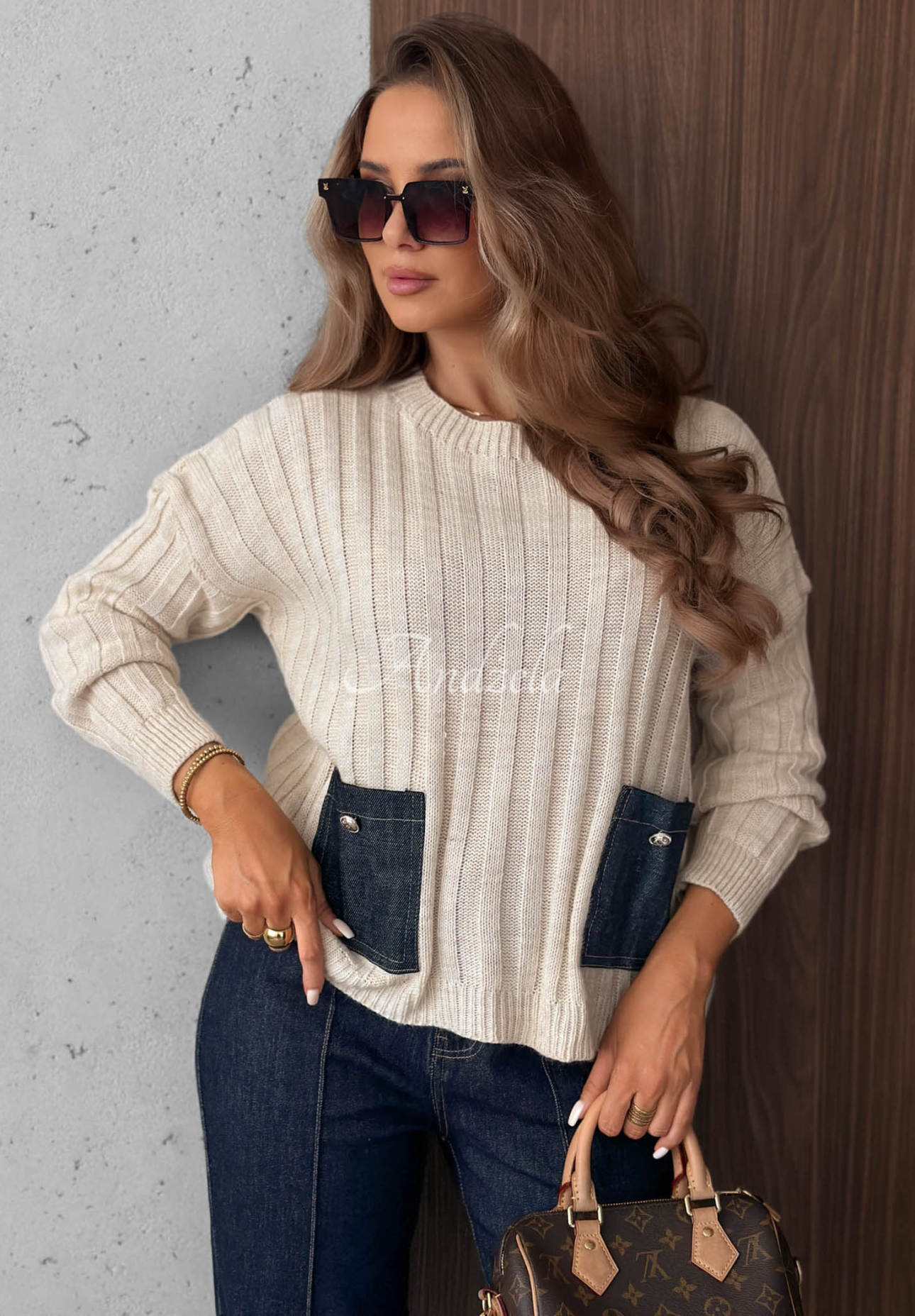Pulover cu striații, buzunare din denim, cu lână și mohair Cozy Grace