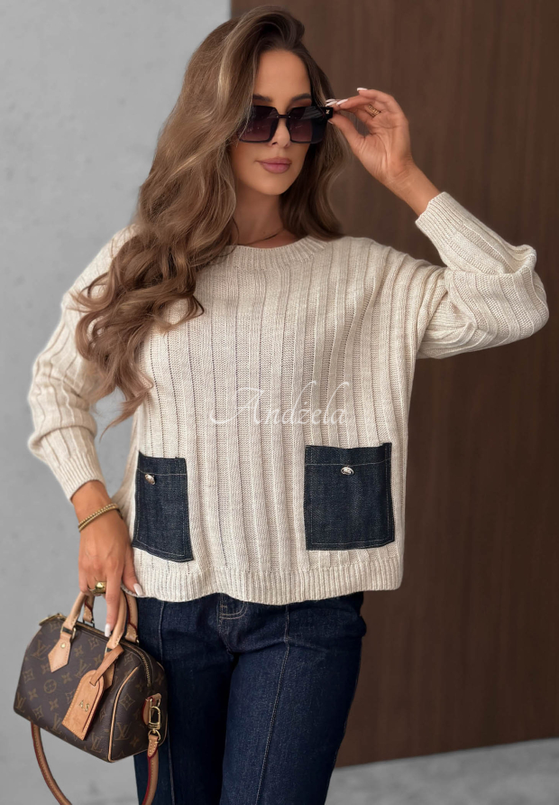 Pulover cu striații, buzunare din denim, cu l&acirc;nă și mohair Cozy Grace