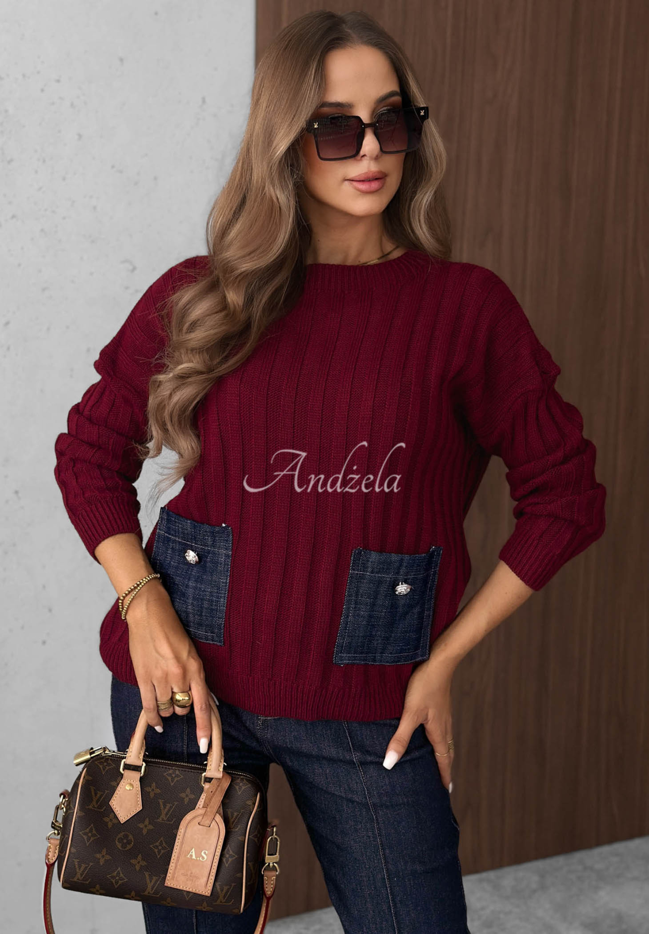 Pulover cu striații, buzunare din denim, cu lână și mohair Cozy Grace