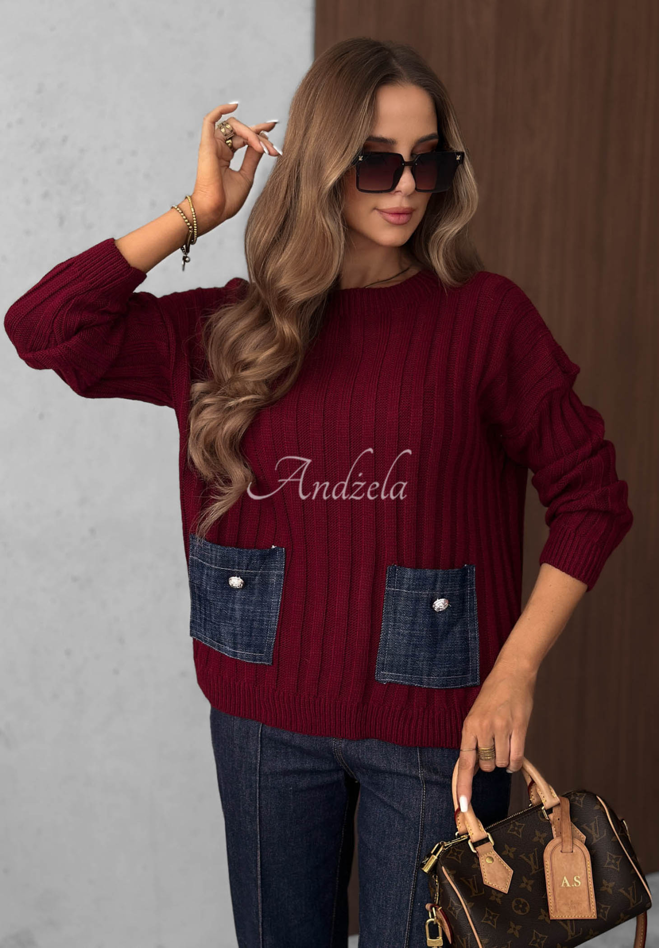 Pulover cu striații, buzunare din denim, cu lână și mohair Cozy Grace