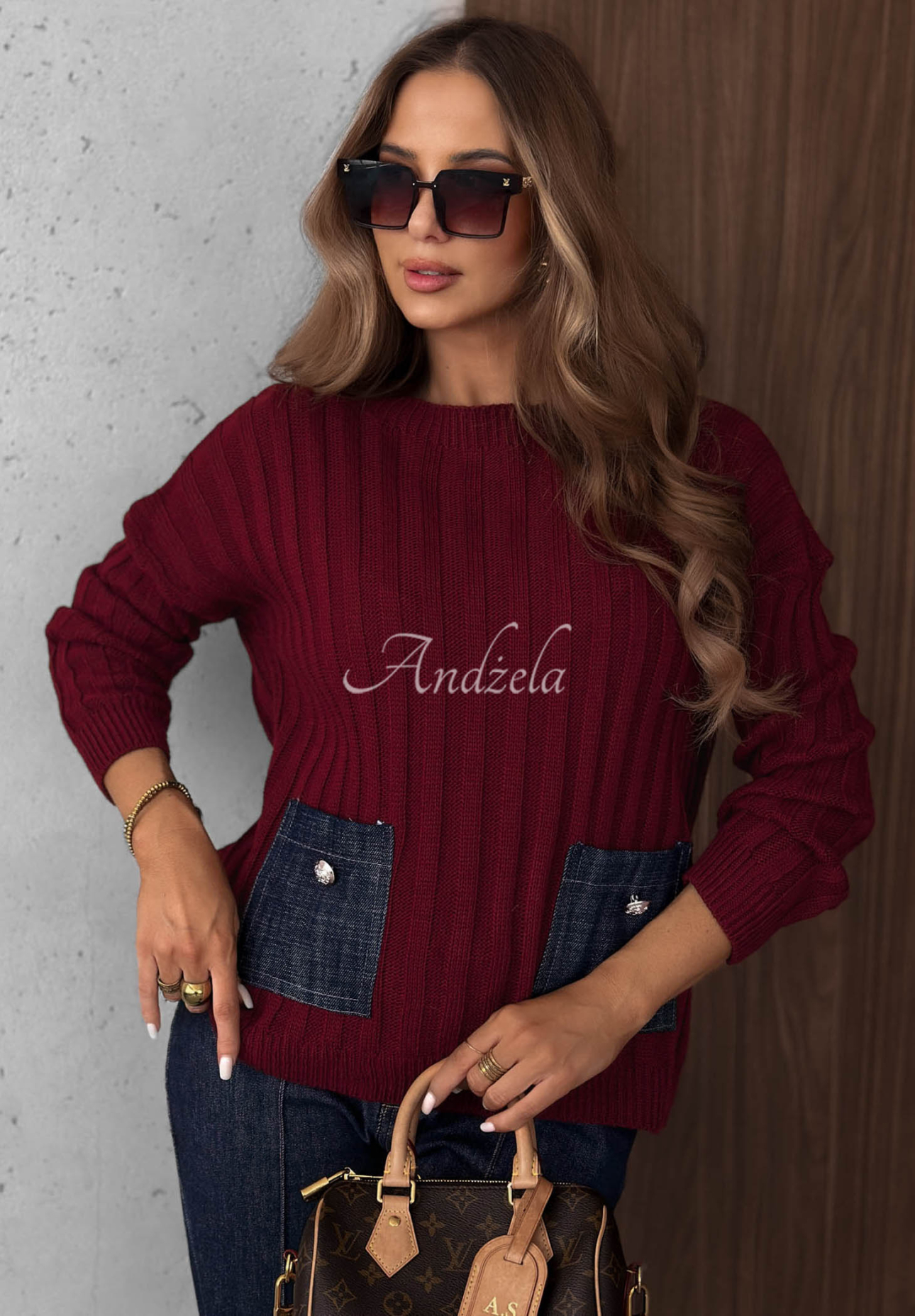 Pulover cu striații, buzunare din denim, cu lână și mohair Cozy Grace
