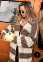 Długi Cardigan oversize z bufiastymi rękawami w paski October Charm niebiesko-ciocolatiu
