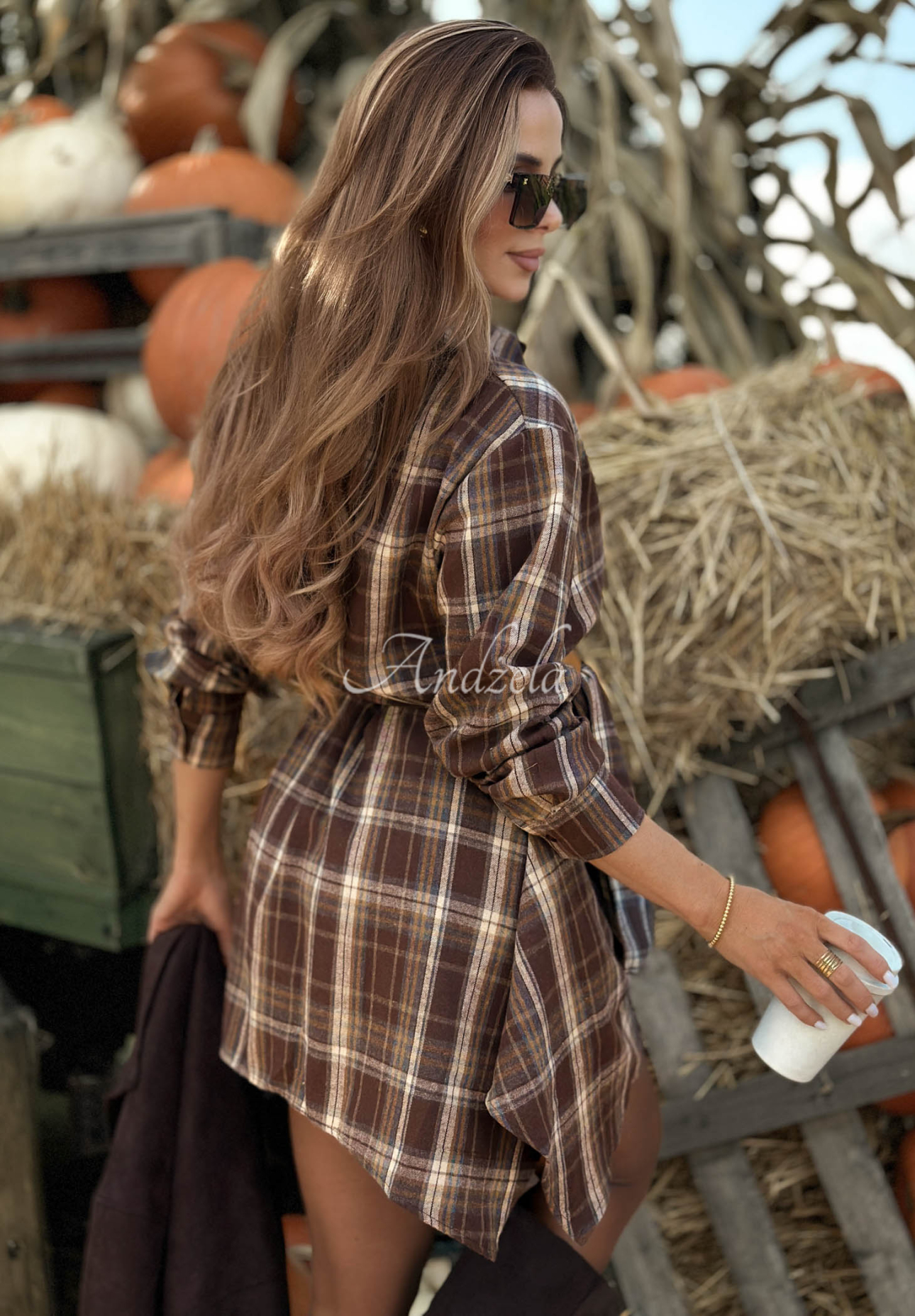 Rochie-cămașă din bumbac în carouri cu curea Cinnamon Girl