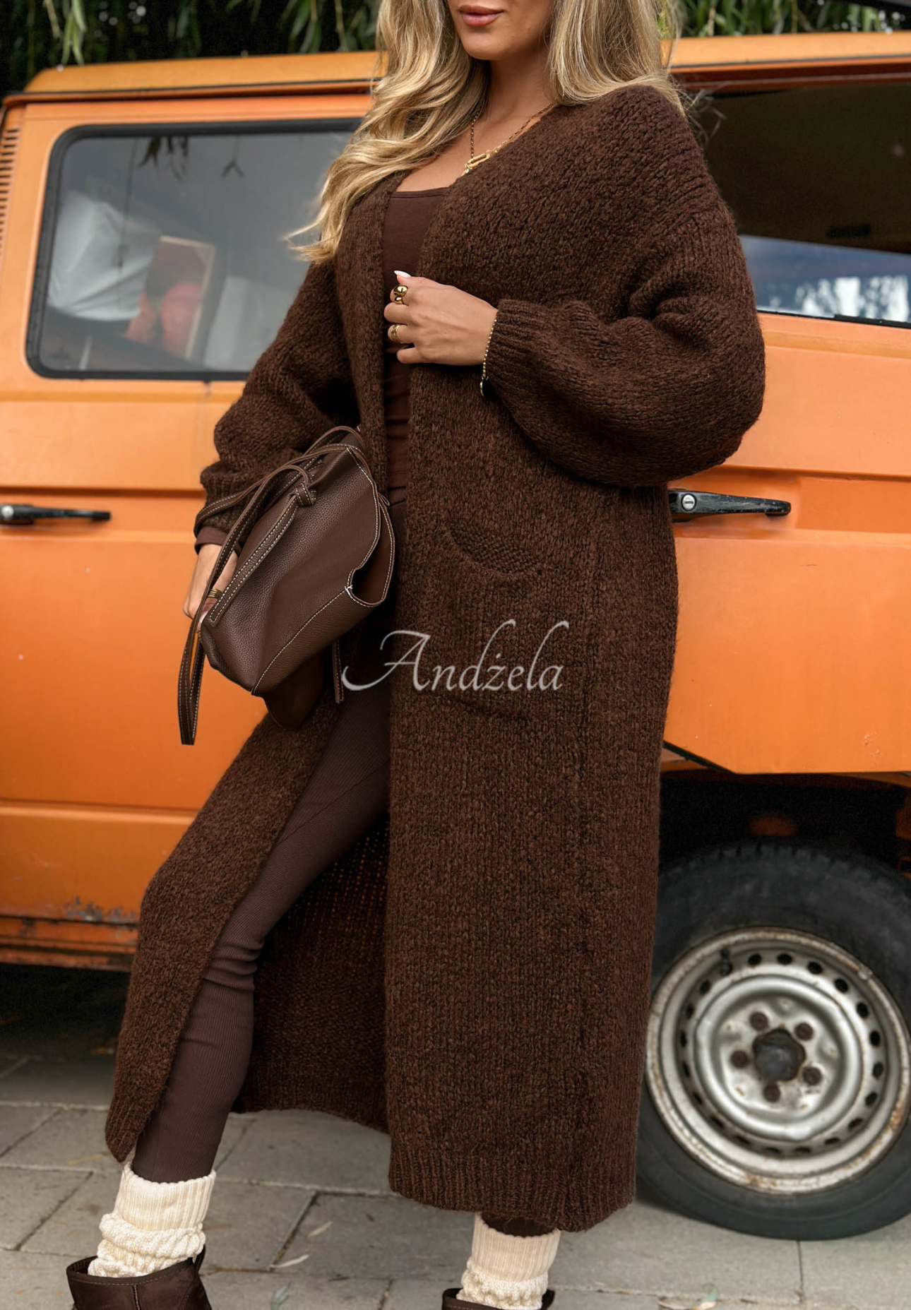 Cardigan lung oversize cu buzunare, din lână și vâscoză November Walk