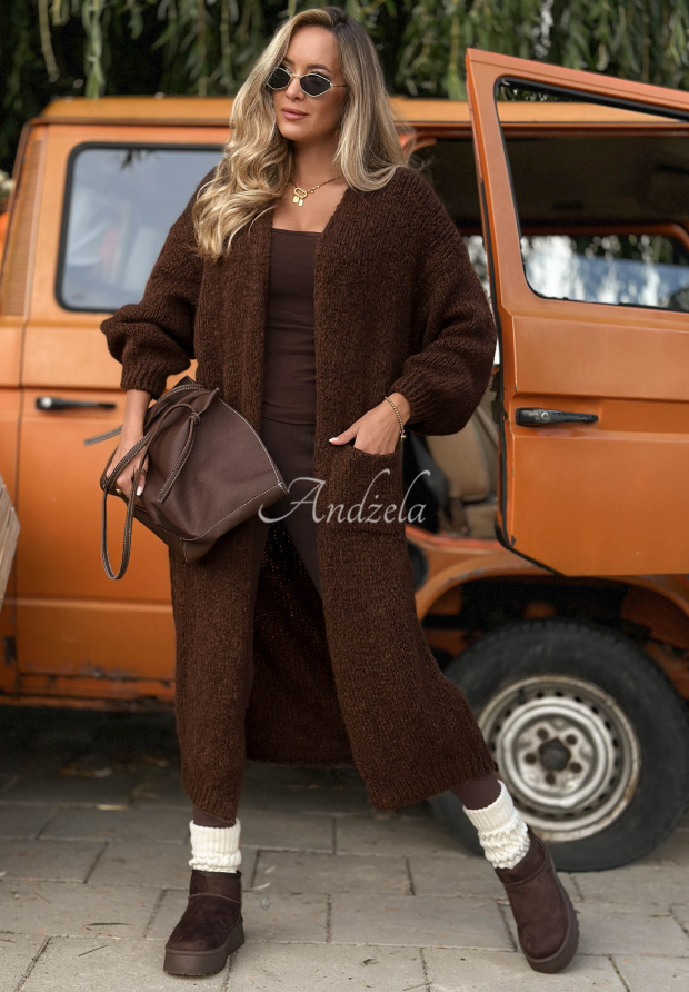 Cardigan lung oversize cu buzunare, din l&acirc;nă și v&acirc;scoză November Walk