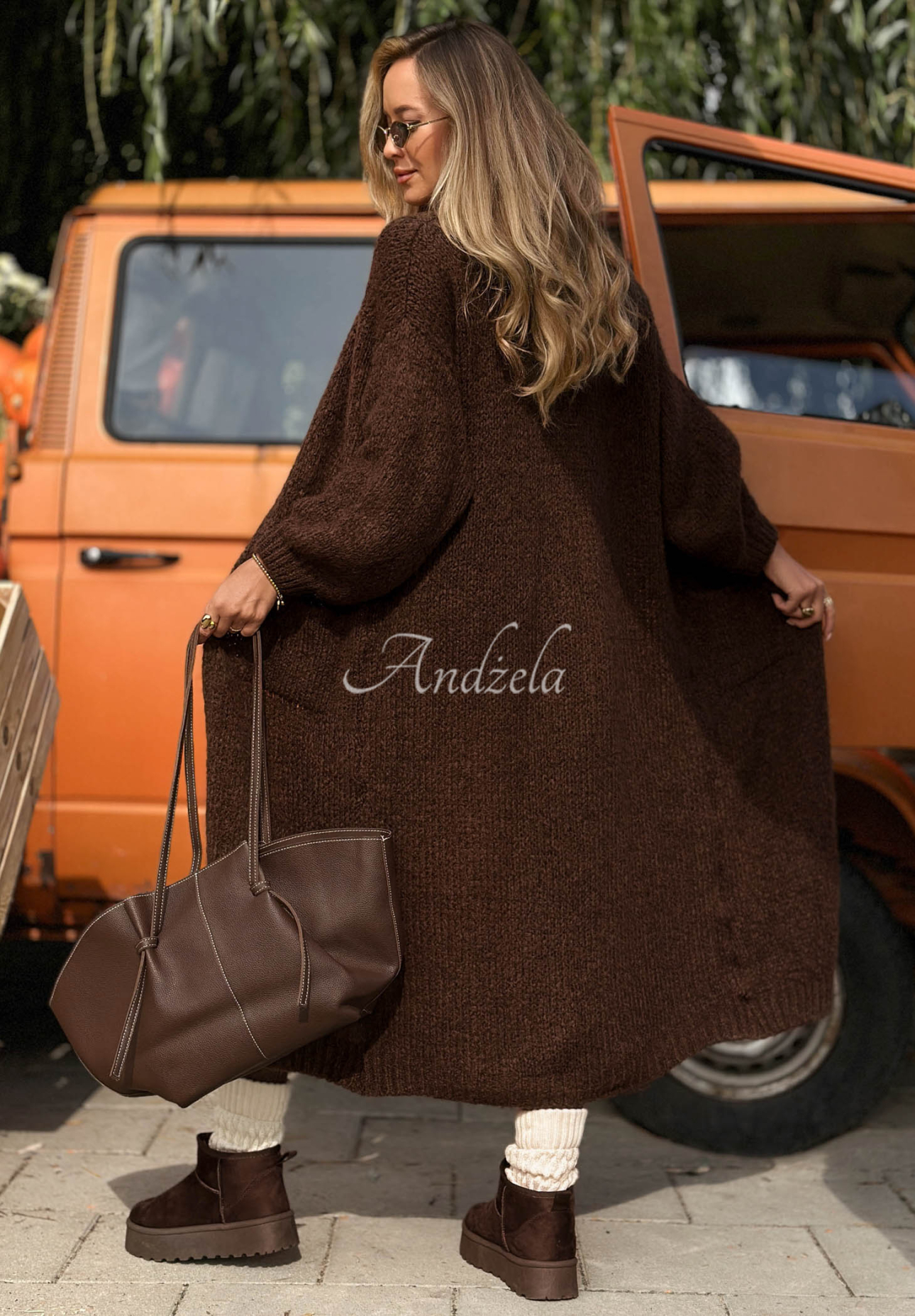 Cardigan lung oversize cu buzunare, din lână și vâscoză November Walk