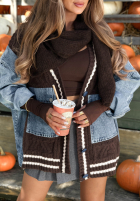 Ozdobnie pleciony Pulover Cardigan z jeansowymi elementami Morning Streets ecru