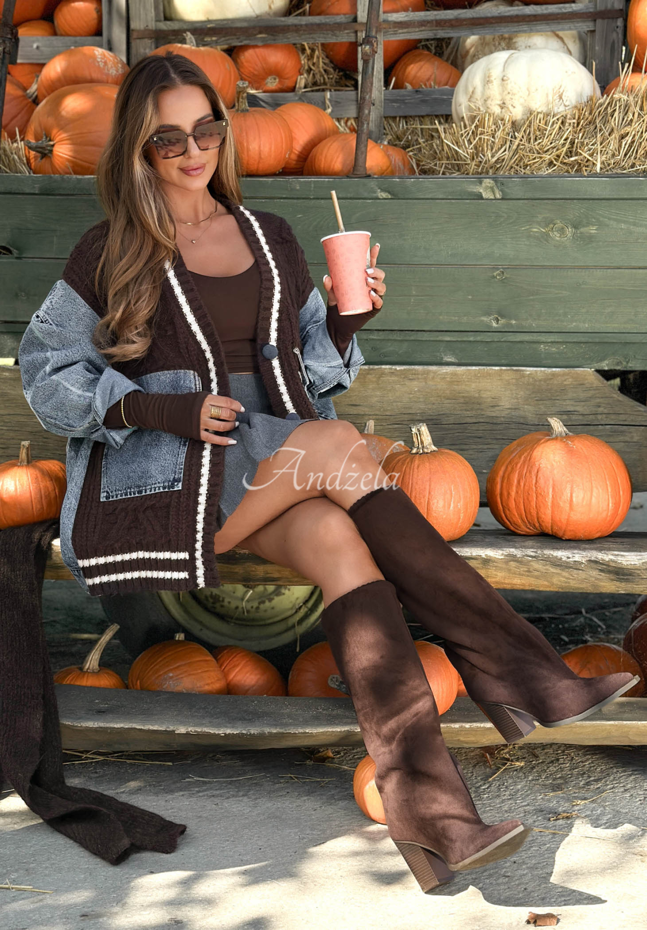 Pulover cardigan din bumbac cu elemente din denim Morning Streets