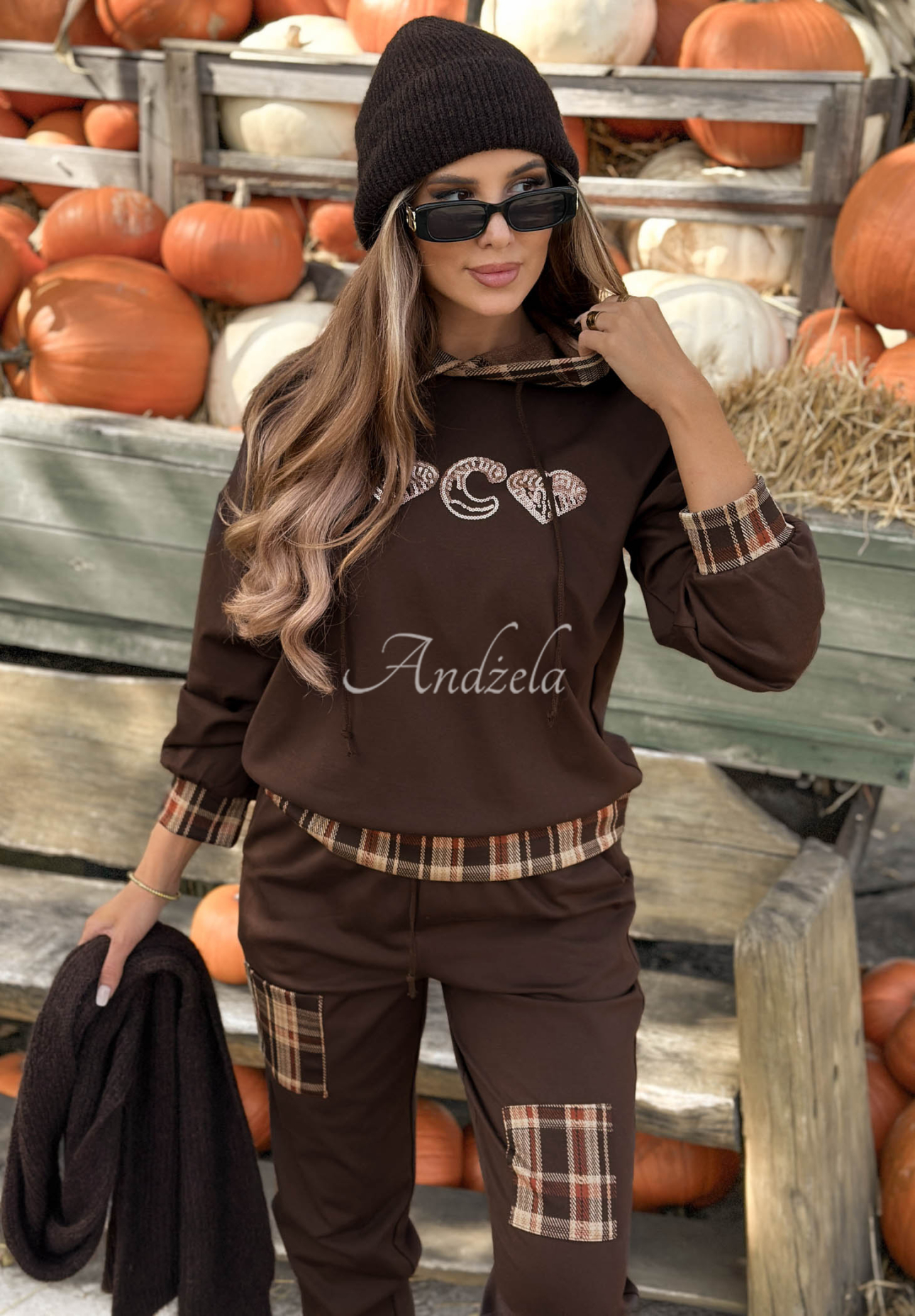 Hanorac din vâscoză cu glugă și model în carouri Coco Love