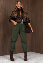 Bawełniane Pantaloni mom fit z paskiem Casual Look kaki
