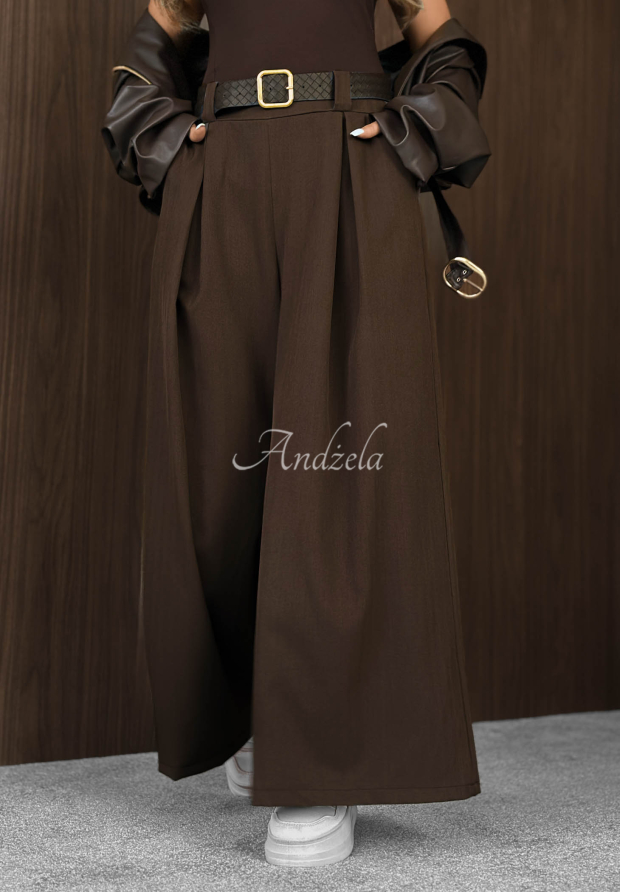 Pantaloni din material textil wide leg cu curea Simple Elegance