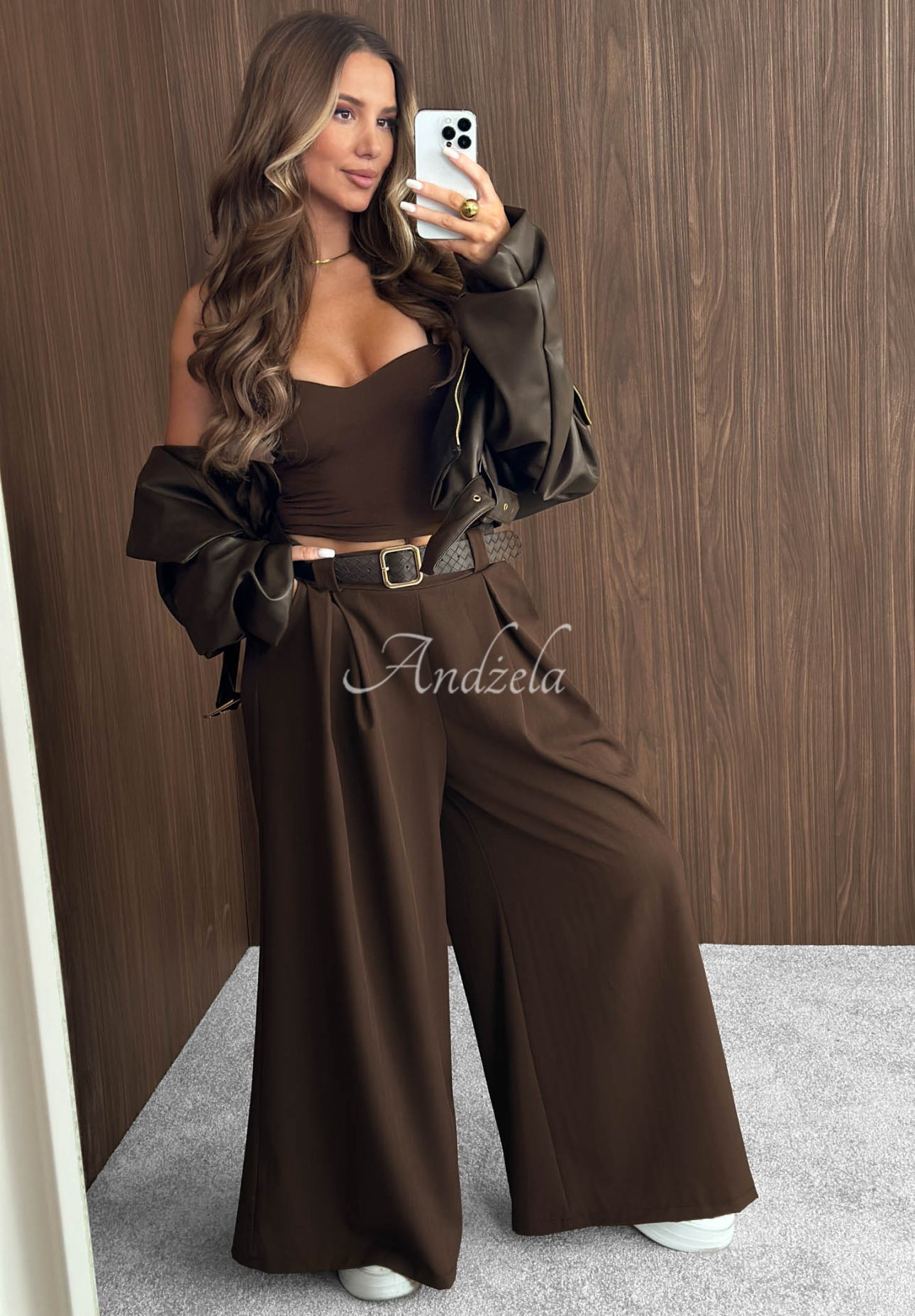 Pantaloni din material textil wide leg cu curea Simple Elegance