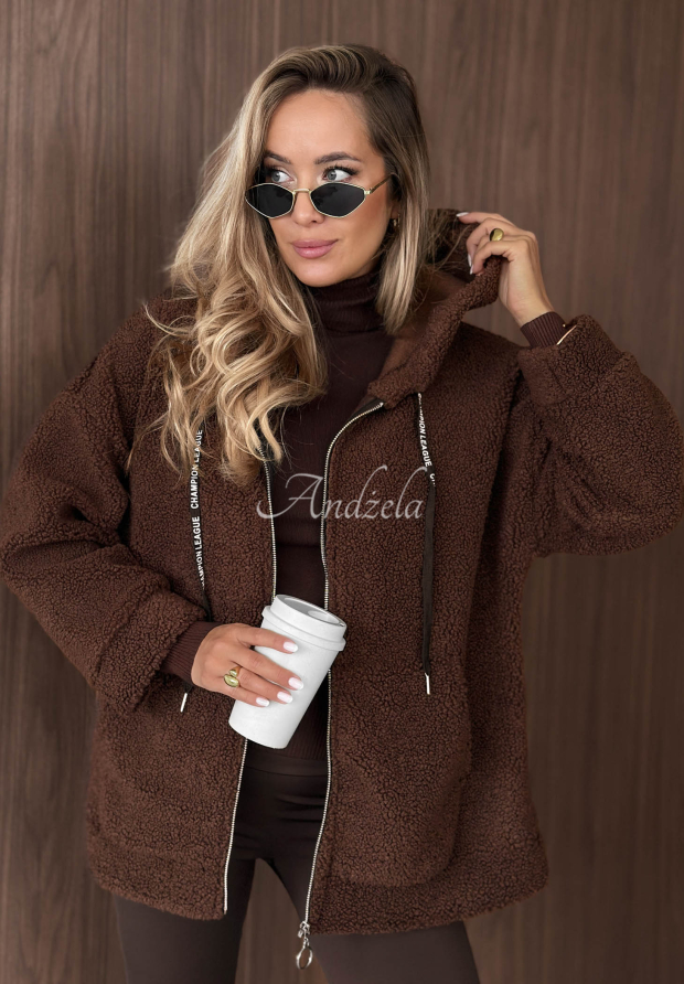 Geacă din blăniță cu glugă și buzunare Warm Espresso