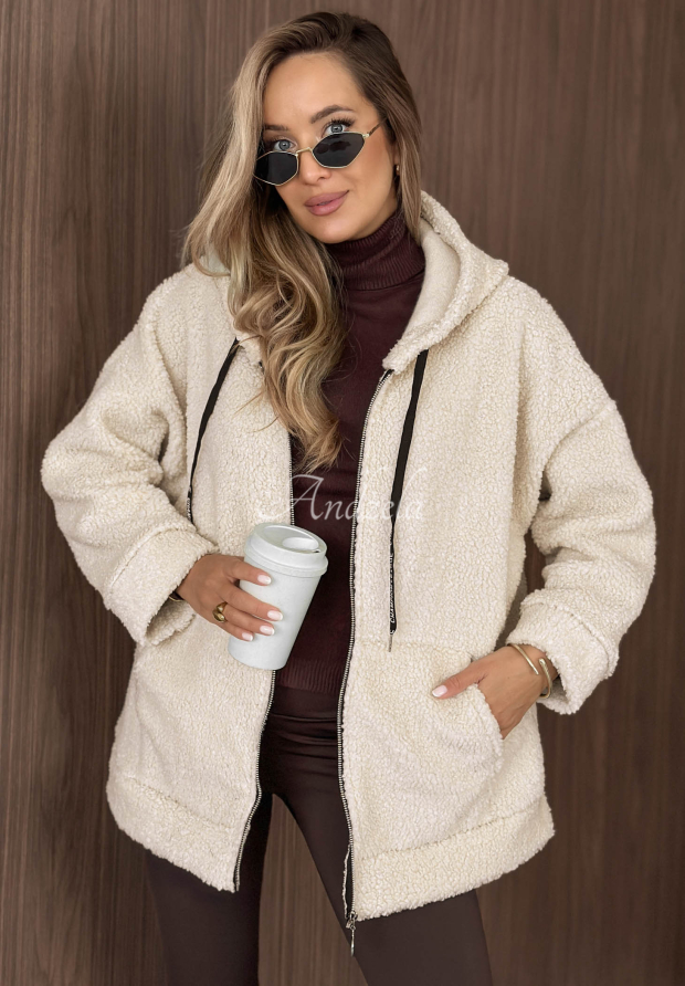 Geacă din blăniță cu glugă și buzunare Warm Espresso
