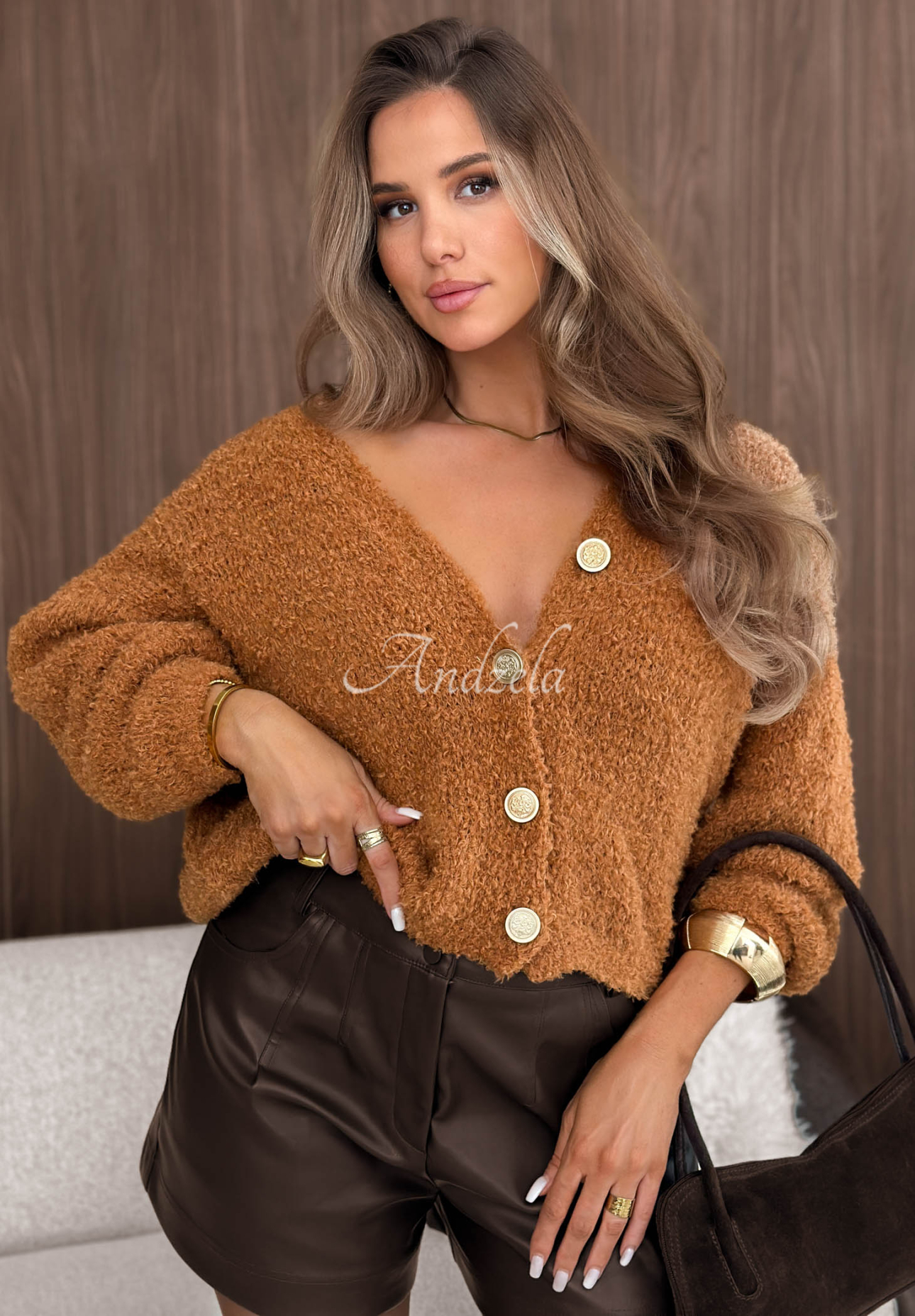 Cardigan scurt cu lână și mohair Rainy Caramel