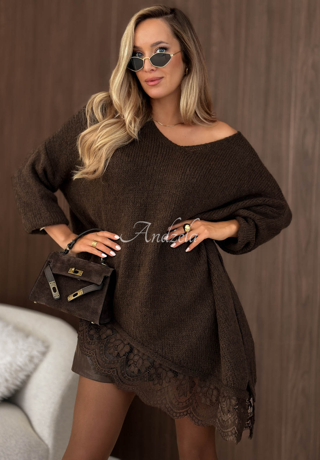 Pulover asimetric cu dantelă, din lână și vâscoză Sweet Seduction