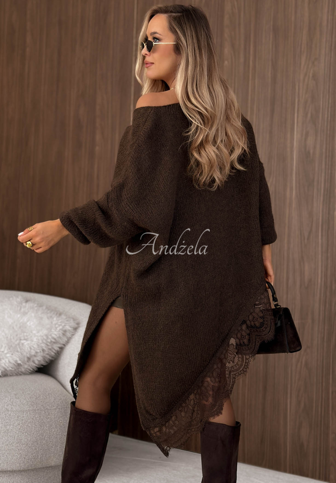 Pulover asimetric cu dantelă, din lână și vâscoză Sweet Seduction