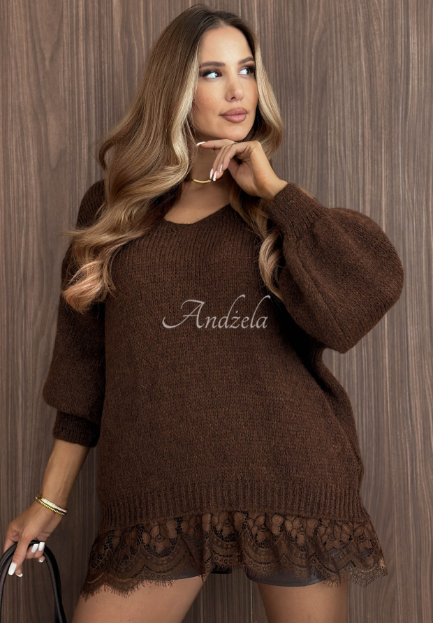 Pulover oversize cu dantelă, l&acirc;nă și v&acirc;scoză Dusky Clouds