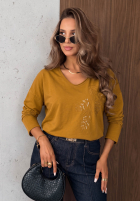 Bluză longsleeve z dekoltem i cekinami Last Sunrays camel
