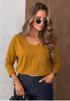 Bluză longsleeve z dekoltem i cekinami Last Sunrays camel