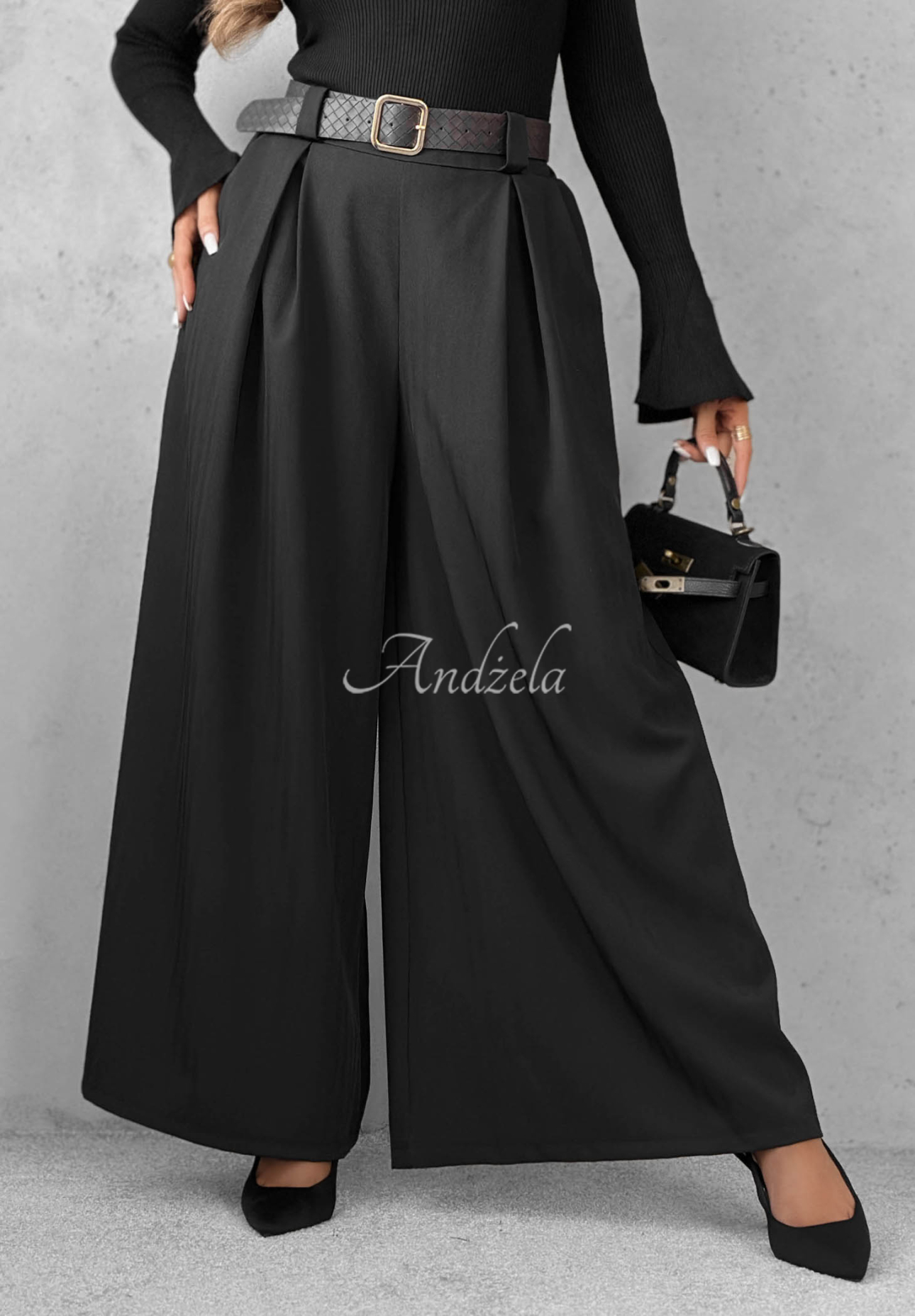 Pantaloni din material textil wide leg cu curea Simple Elegance
