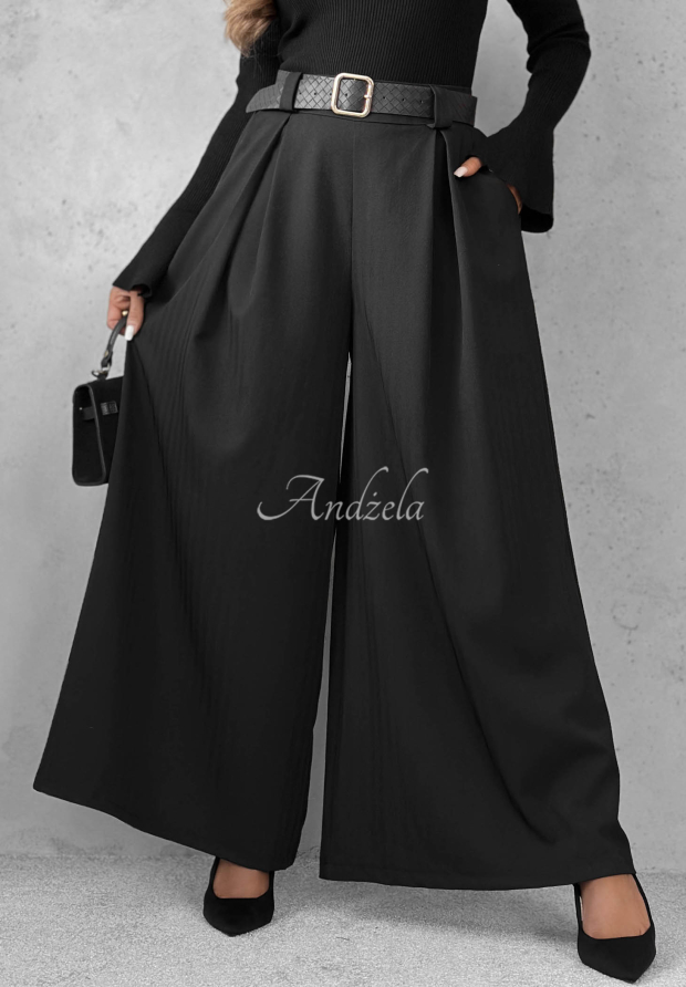 Pantaloni din material textil wide leg cu curea Simple Elegance