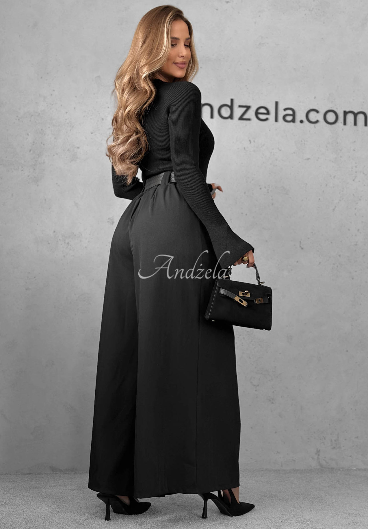 Pantaloni din material textil wide leg cu curea Simple Elegance