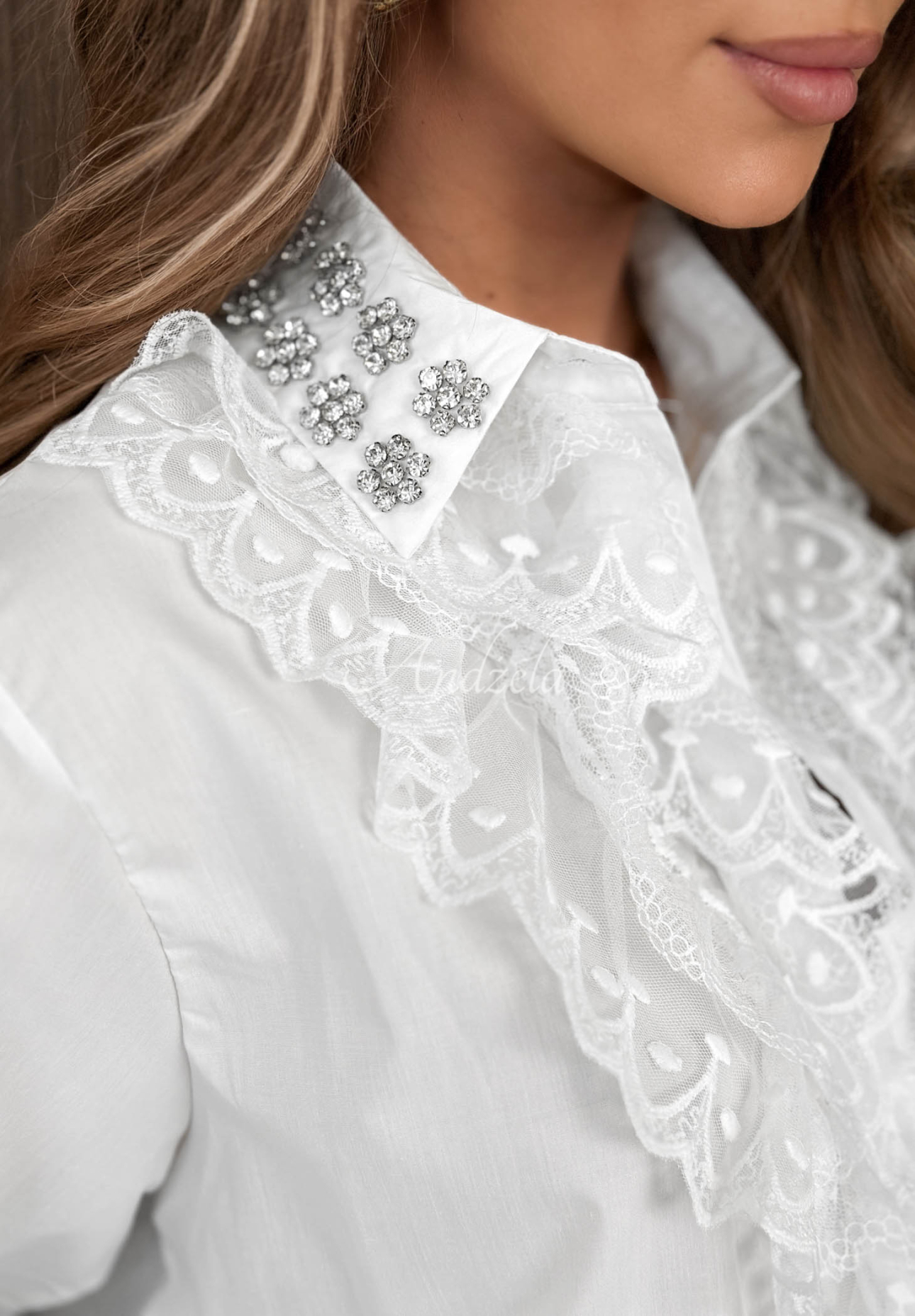 Cămașă elegantă din bumbac cu jabou din dantelă și cristale Crystal Grace