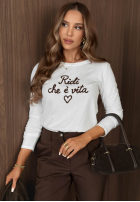 Tricou z napisem Ridi De Vita biało-ciocolatiu